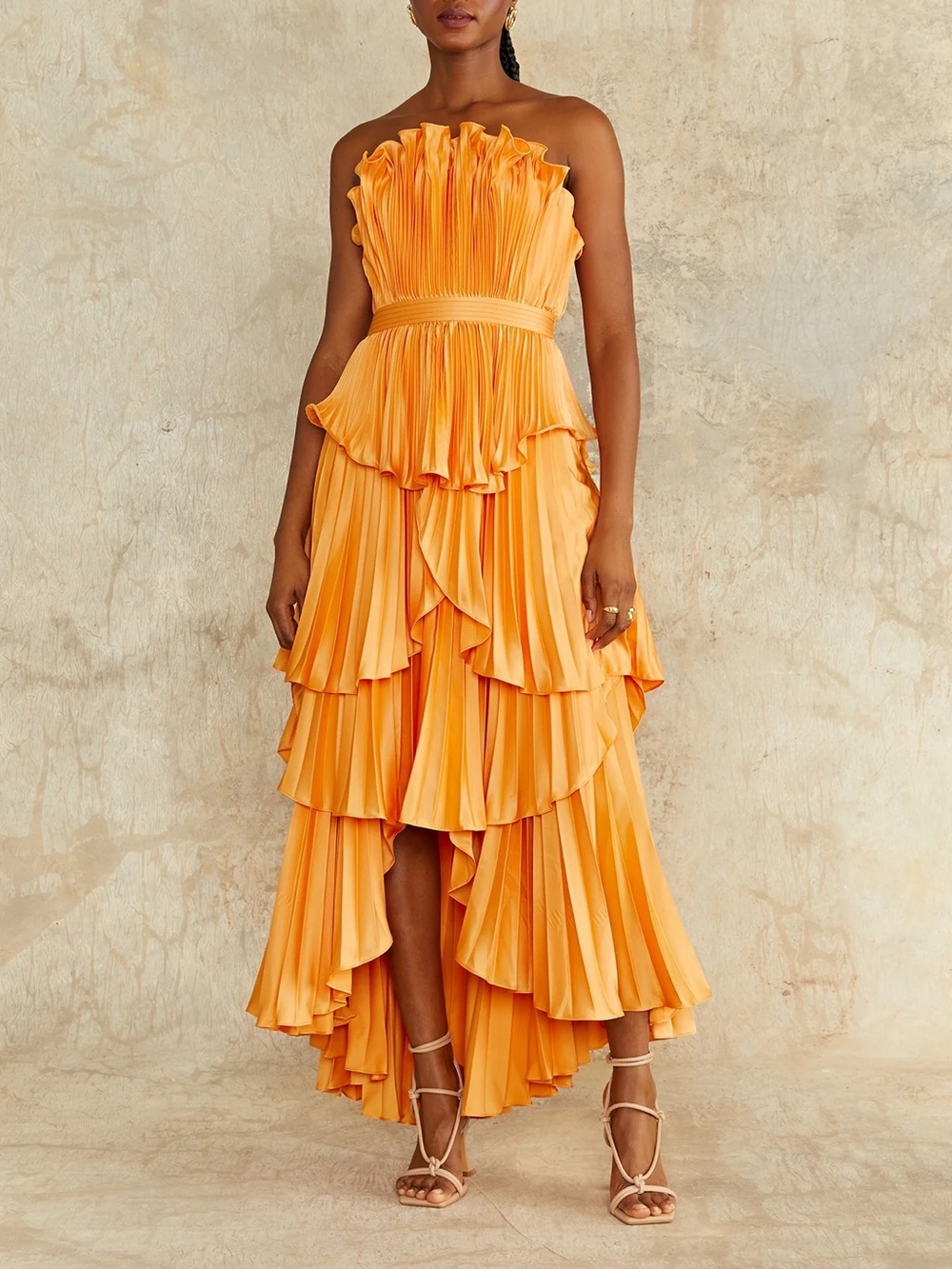 AMUR Janey Tiered Shell High Low Gown Sweet Peach Orange